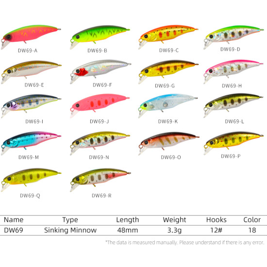 Τεχνητο TSURINOYA Fishing Lure DW69 Sinking Minnow Hard Bait 48S 48mm 3.3g Τεχνητο TSURINOYA Fishing Lure DW69 Sinking Minnow Hard Bait 48S 48mm 3.3g
